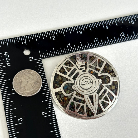 Vintage Taxco Mexico 925 Sterling Silver Multi Gemstone Inlay Large Brooch Pin - Picture 12 of 14